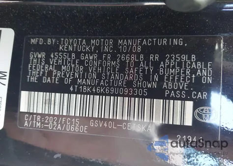 2009 Toyota Camry Se V6 z USA, uszkodzony, nr VIN 4T1BK46K69U093305